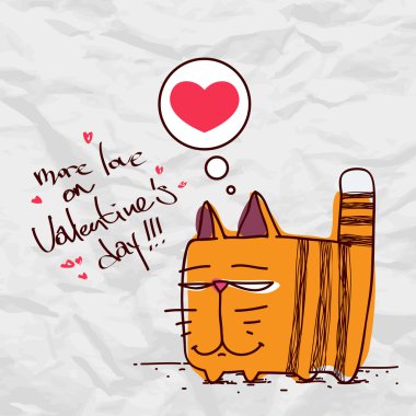 komik karikatür kedi ve Kağıt arka plan üzerinde bir kalp ile Sevgililer günü tebrik kartı.