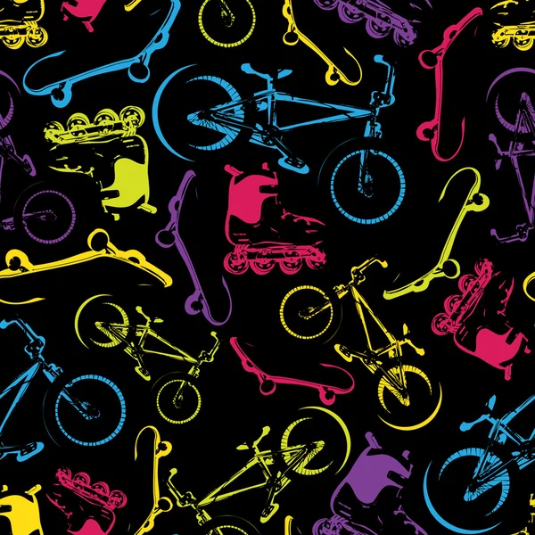 Patrón sin costura vectorial con bicicletas, patines y rodillos . — Vector de stock