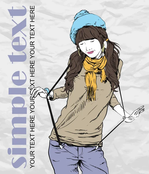 Herbstliche Mode Mädchen auf Grunge-Hintergrund. Vektorillustrator. Platz für Ihren Text — Stockvektor