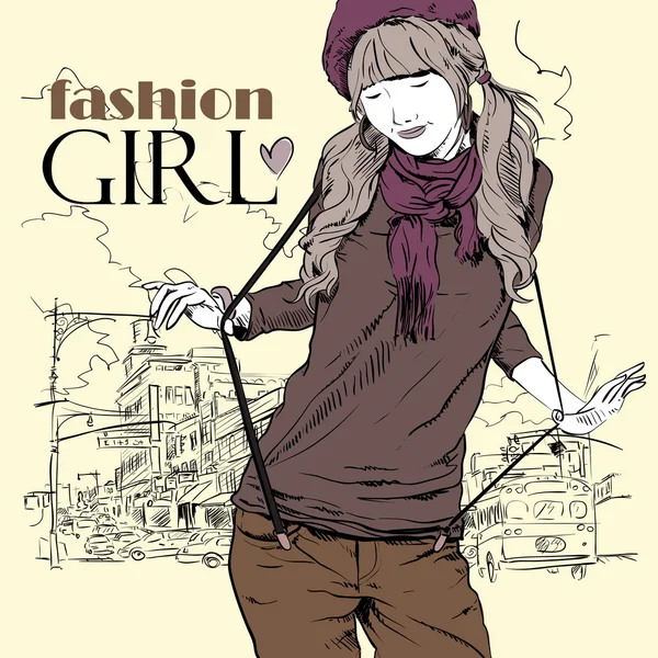 Chica joven con boina en estilo boceto en un fondo de la ciudad. Ilustración vectorial . — Vector de stock