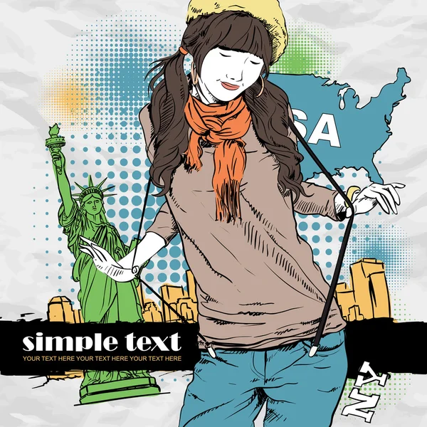 Mladá dívka s baret v náčrtu stylu v usa pozadí. vektorové ilustrace. místo pro váš text. — Stockový vektor
