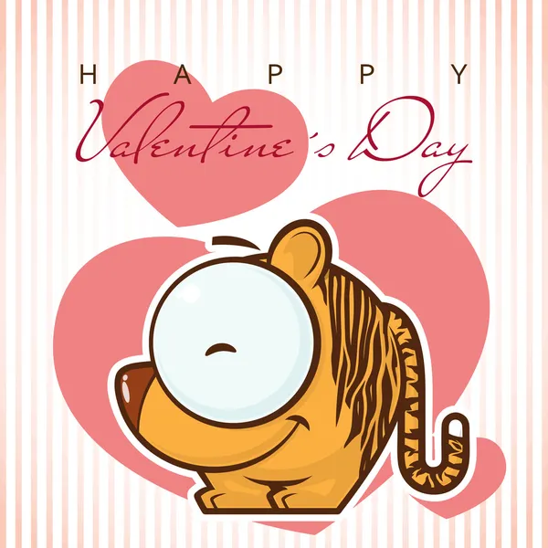 Valentines day greeting card with funny cartoon tiger and heart — Stock Vector