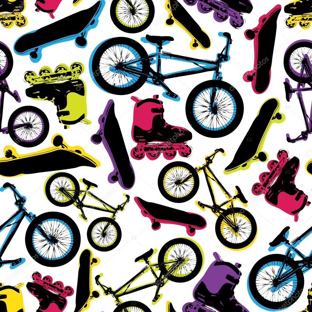 Vector seamless pattern with bicycles,skateboard s and rollers.