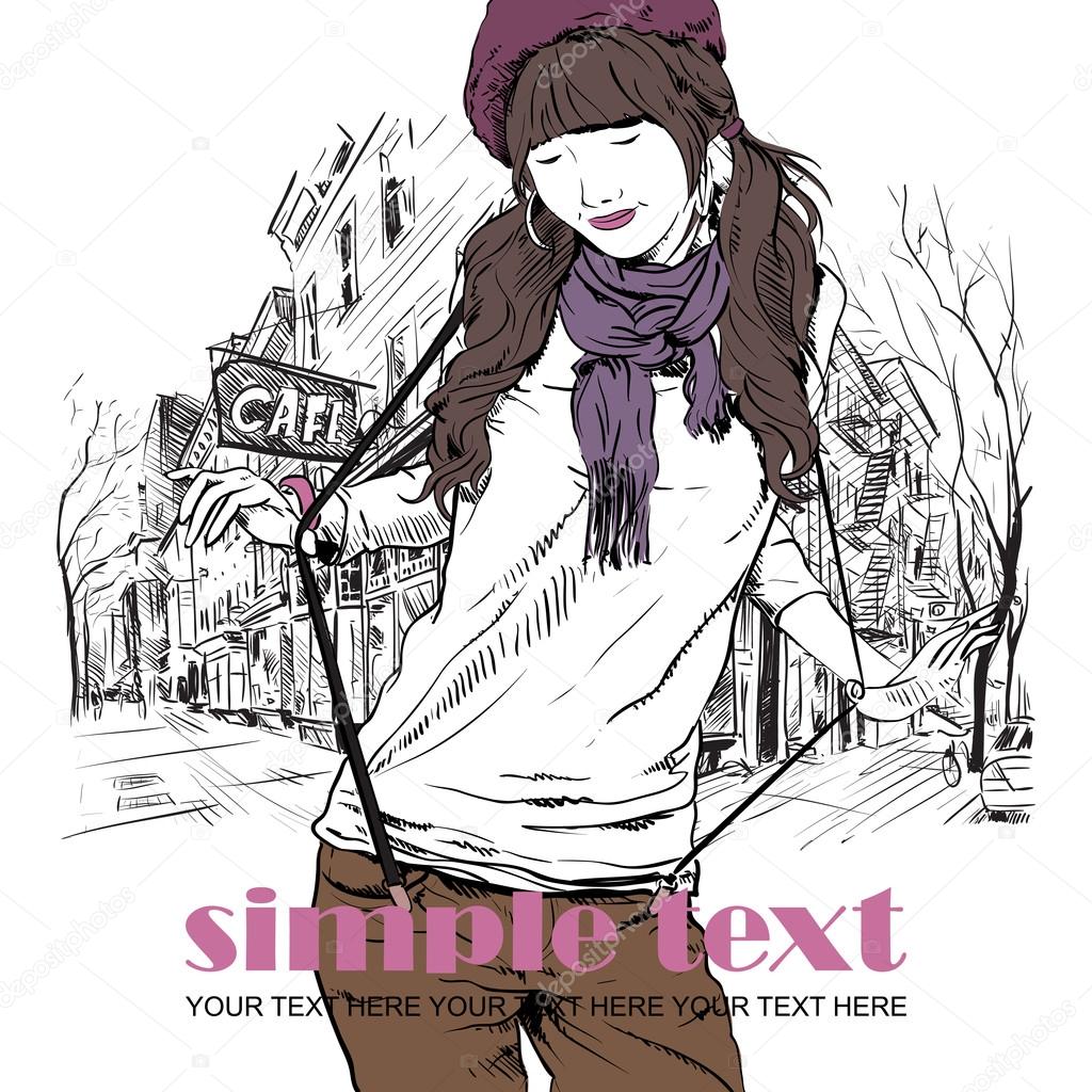 Sexy fashion girl in sketch style on a street-cafe background. Vector illustrator.