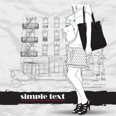 Kroki tarzı bir kentsel zemin içinde şirin kız