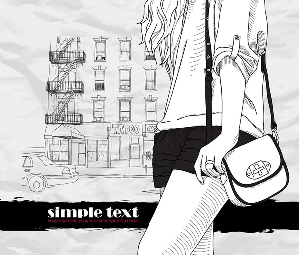 genç kız kroki tarzı bir sokak arka planda bir çanta