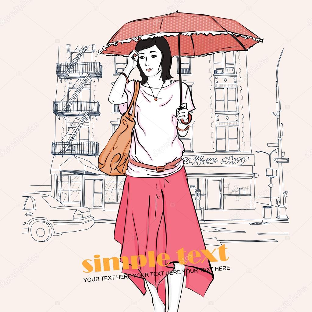 Fashion girl in sketch-style on a city-background.