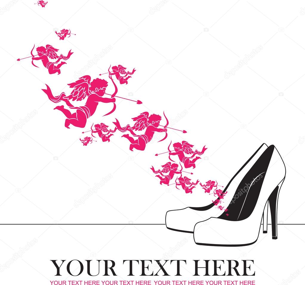Vector illustration of a high-heeled shoes and cupids.