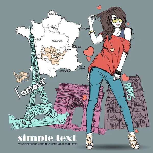 Mooi meisje in schets-stijl op een Frans-achtergrond — Stockvector