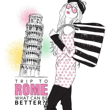 İtalyan bir arka planda skeç tarzında tatlı kız