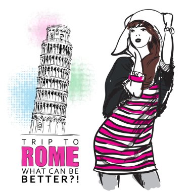 İtalyan bir arka planda skeç tarzında tatlı kız