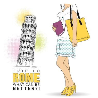 kız moda, pisa ve metin ile vektör tebrik kartı.