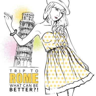 İtalyan bir arka planda skeç tarzında tatlı kız