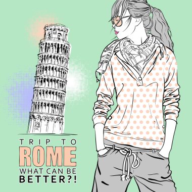 İtalyan bir arka planda skeç tarzında tatlı kız