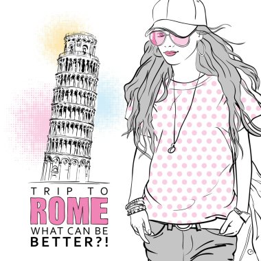 İtalyan bir arka planda skeç tarzında tatlı kız