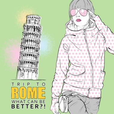 kız moda, pisa ve metin ile vektör tebrik kartı.