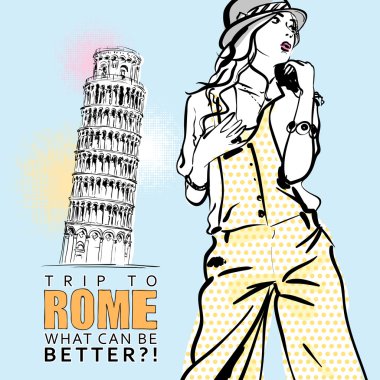 İtalyan bir arka planda skeç tarzında tatlı kız