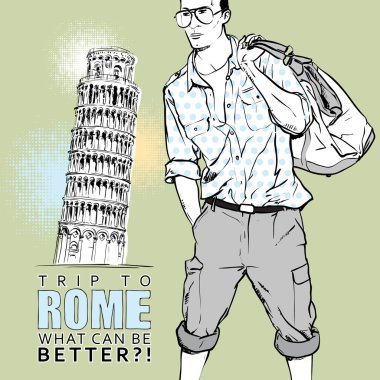 şık adam, pisa ve metin ile vektör tebrik kartı.