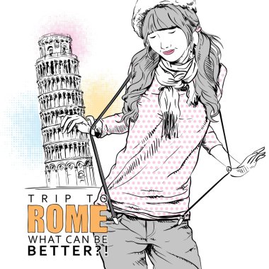 İtalyan bir arka planda skeç tarzında tatlı kız