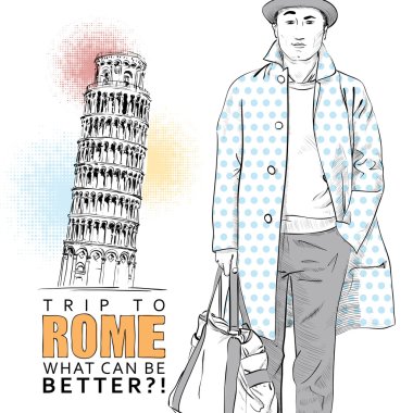 şık adam, pisa ve metin ile vektör tebrik kartı.