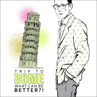 şık adam, pisa ve metin ile vektör tebrik kartı.