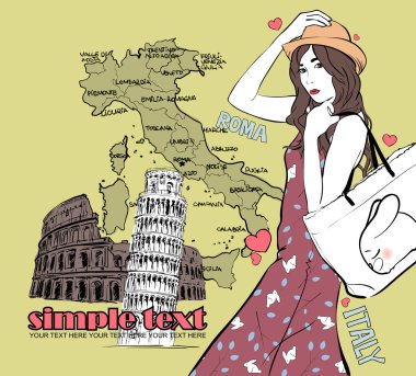 İtalyan bir arka planda skeç tarzında tatlı kız