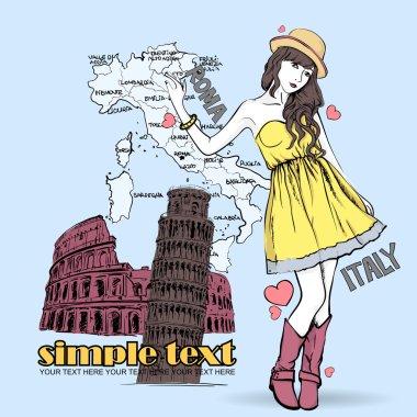 İtalyan bir arka planda skeç tarzında tatlı kız