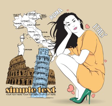 İtalyan bir arka planda skeç tarzında tatlı kız