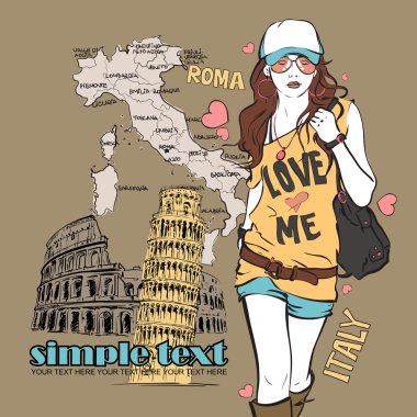 İtalyan bir arka planda skeç tarzında tatlı kız