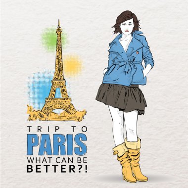 Eyfel Kulesi arka plan üzerinde şık genç kız