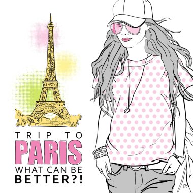 Eyfel Kulesi arka plan üzerinde şık genç kız