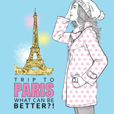 Eyfel Kulesi arka plan üzerinde genç sonbahar kız