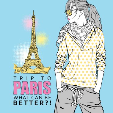 Eyfel Kulesi arka plan üzerinde şık genç kız.