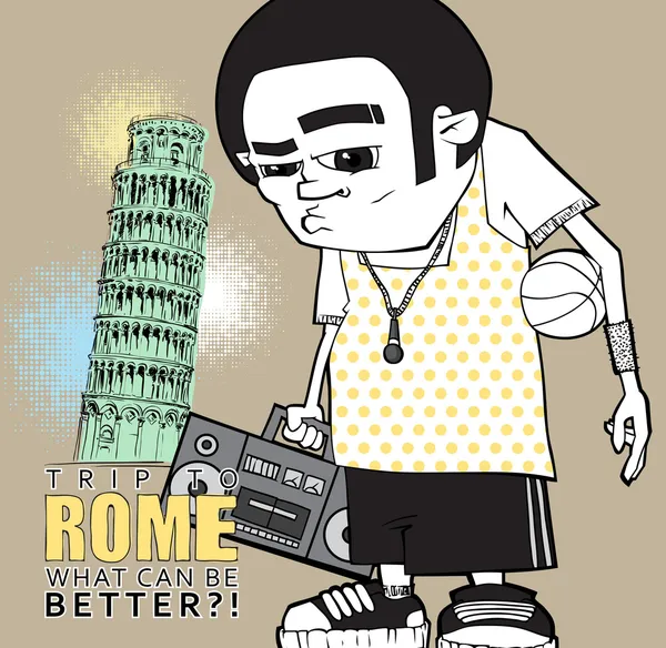 Streetball karakter İtalyan bir arka plan üzerinde.