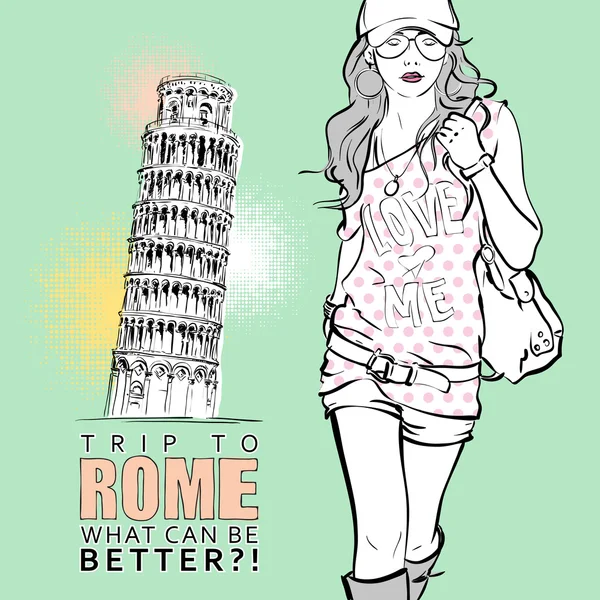 Chica encantadora en estilo de boceto sobre un fondo italiano — Vector de stock