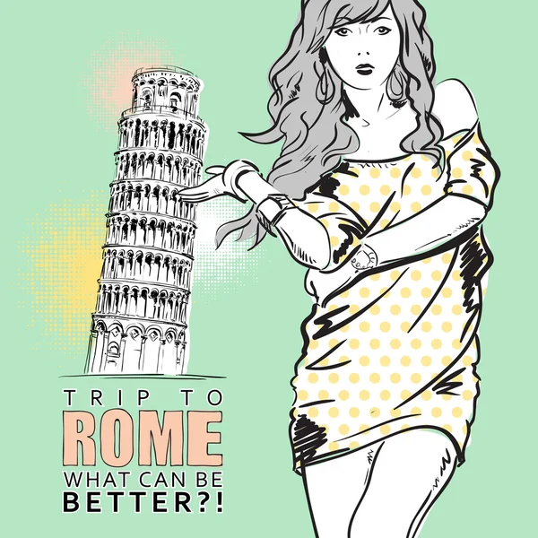 İtalyan bir arka planda skeç tarzında tatlı kız