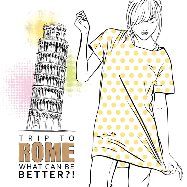 可爱的女孩在意大利背景上的素描样式 — 图库矢量图片