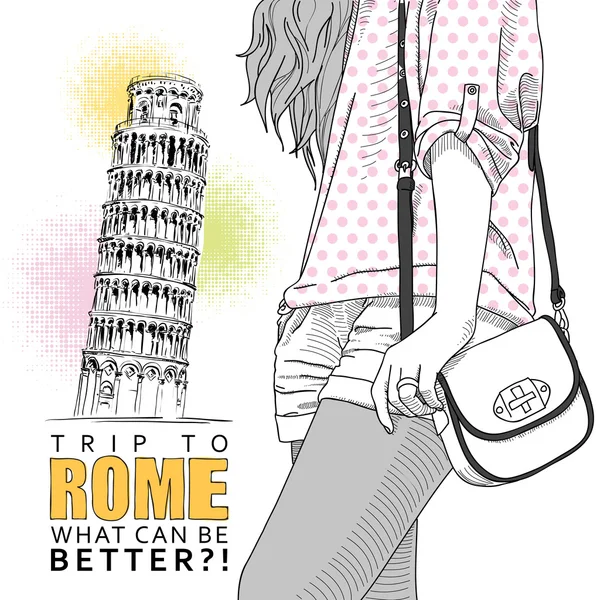 Vector greeting card with fashion girl, pisa and text. — Stock Vector