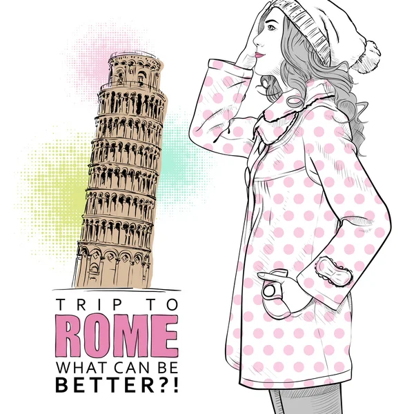 Hübsche Mode Mädchen auf einem italienischen Hintergrund — Stockvektor