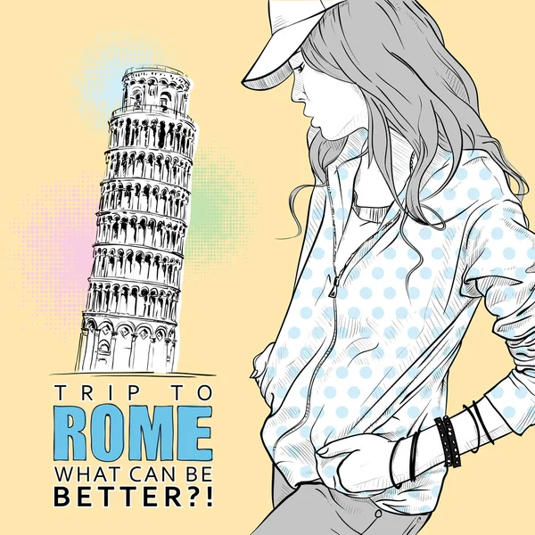 İtalyan bir arka planda skeç tarzında tatlı kız