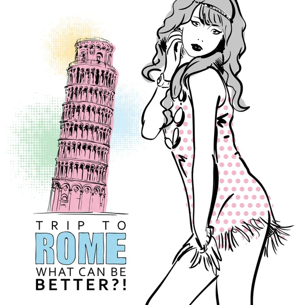 Chica encantadora en estilo de boceto sobre un fondo italiano — Vector de stock