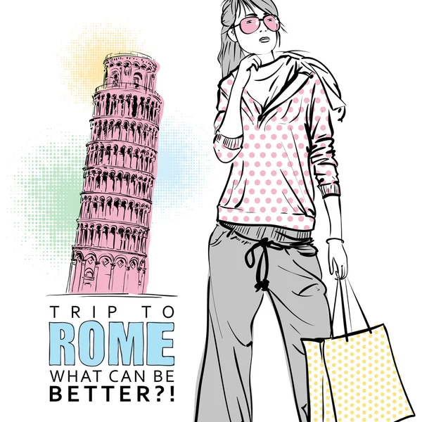 İtalyan bir arka planda skeç tarzında tatlı kız