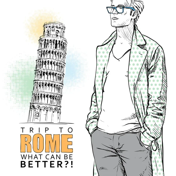 Vector greeting card with stylish guy, pisa and text. — Stock Vector