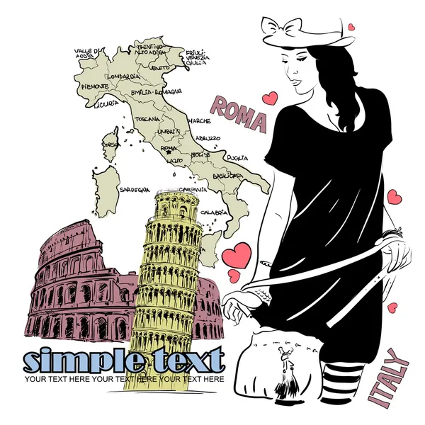Mooi meisje in schets-stijl op een Italiaanse achtergrond — Stockvector