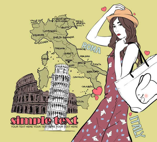 Belle fille dans le style croquis sur un fond italien — Image vectorielle