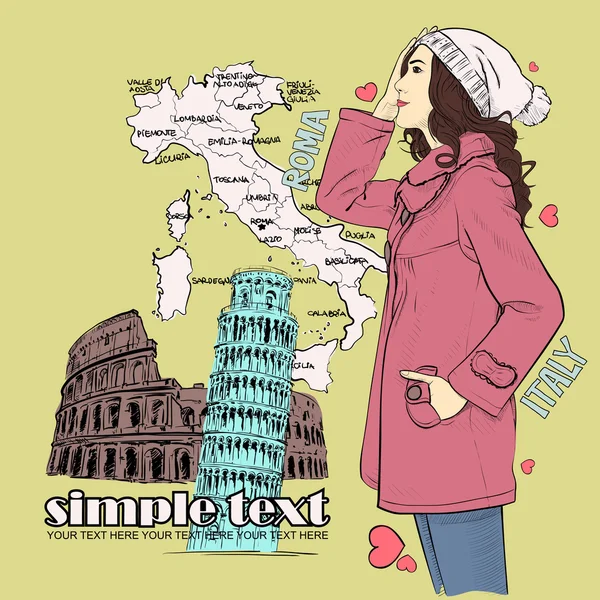 Bastante chica de moda en un fondo italiano — Vector de stock