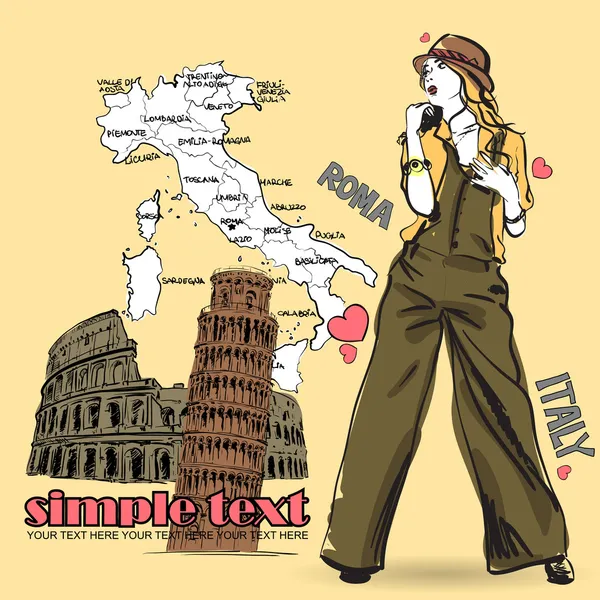 Bastante chica de moda en un fondo italiano — Vector de stock