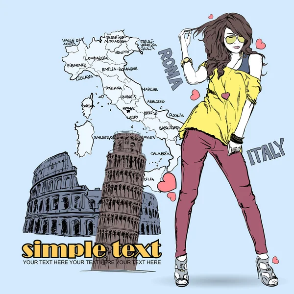 Chica encantadora en estilo de boceto sobre un fondo italiano — Vector de stock
