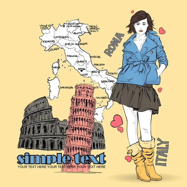 Hezká móda dívka na italské pozadí — Stockový vektor