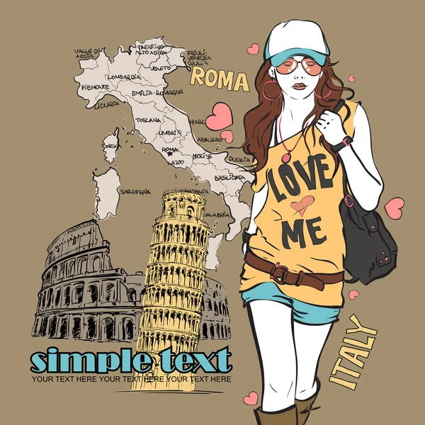 İtalyan bir arka planda skeç tarzında tatlı kız